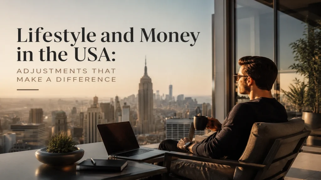 Modern man relaxing on a luxury balcony overlooking the New York skyline, representing lifestyle and money adjustments in the USA with a sophisticated financial atmosphere.