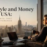 Modern man relaxing on a luxury balcony overlooking the New York skyline, representing lifestyle and money adjustments in the USA with a sophisticated financial atmosphere.
