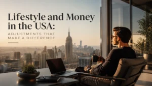 Modern man relaxing on a luxury balcony overlooking the New York skyline, representing lifestyle and money adjustments in the USA with a sophisticated financial atmosphere.