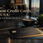 Luxury premium credit cards displayed in an elegant airport lounge, representing valuable travel and financial benefits in the USA.