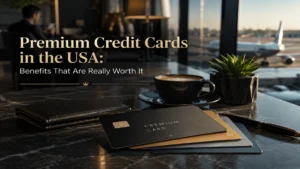 Luxury premium credit cards displayed in an elegant airport lounge, representing valuable travel and financial benefits in the USA.