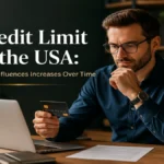 Professional man analyzing a credit card at a modern office desk, representing factors that influence credit limit increases over time in the USA.