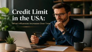 Professional man analyzing a credit card at a modern office desk, representing factors that influence credit limit increases over time in the USA.