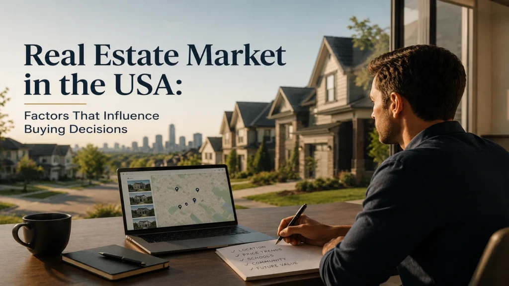 Man analyzing residential properties on a laptop in a modern suburban setting, representing factors that influence real estate buying decisions in the USA.