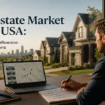 Man analyzing residential properties on a laptop in a modern suburban setting, representing factors that influence real estate buying decisions in the USA.
