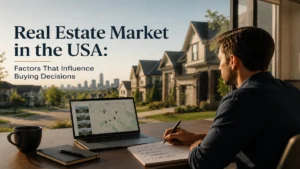 Man analyzing residential properties on a laptop in a modern suburban setting, representing factors that influence real estate buying decisions in the USA.