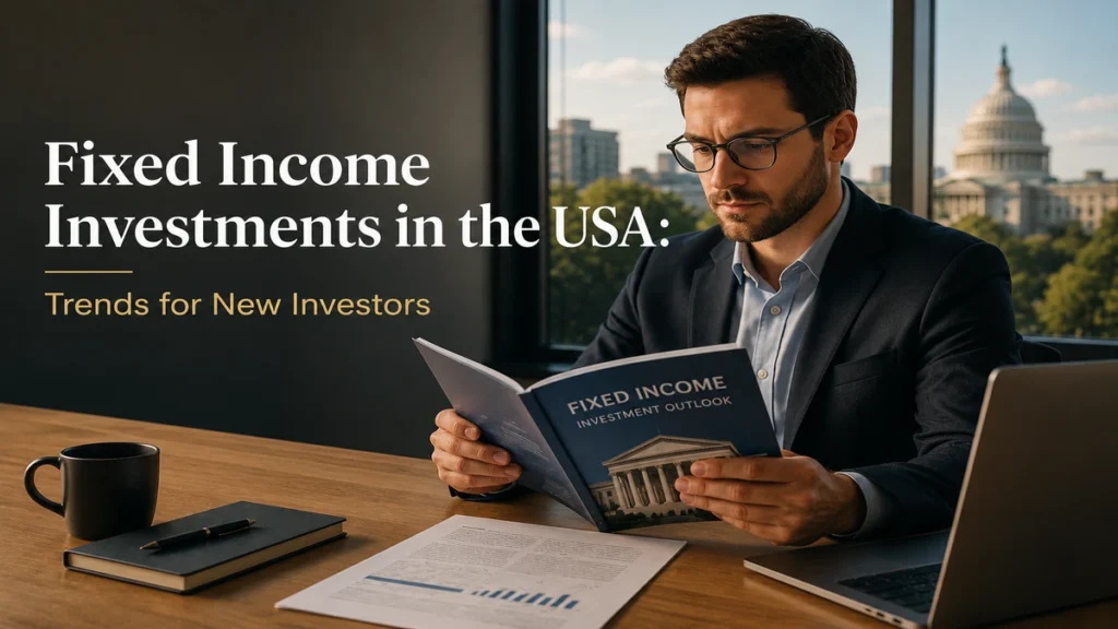 Professional investor reading a fixed income report in a modern office with a city view, representing fixed income investment trends for new investors in the USA.