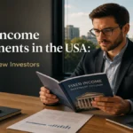 Professional investor reading a fixed income report in a modern office with a city view, representing fixed income investment trends for new investors in the USA.