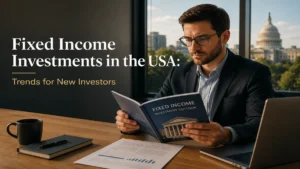 Professional investor reading a fixed income report in a modern office with a city view, representing fixed income investment trends for new investors in the USA.