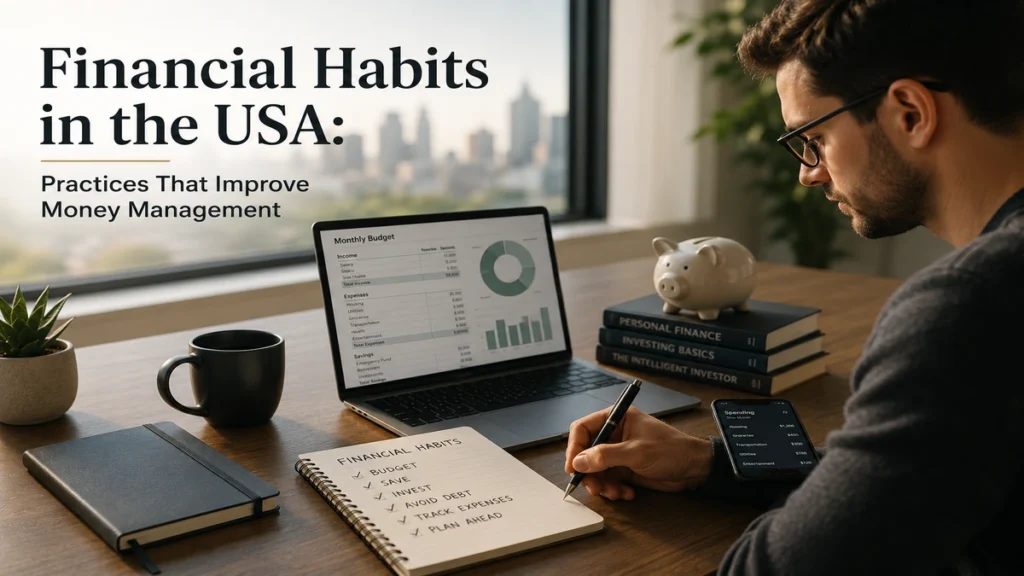 Young professional managing personal finances with budgeting tools and savings strategies in a modern workspace, representing financial habits in the USA.