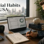 Young professional managing personal finances with budgeting tools and savings strategies in a modern workspace, representing financial habits in the USA.