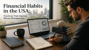 Young professional managing personal finances with budgeting tools and savings strategies in a modern workspace, representing financial habits in the USA.