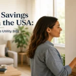 Woman adjusting a smart thermostat in a modern home while following energy-saving practices to reduce utility bills in the USA.