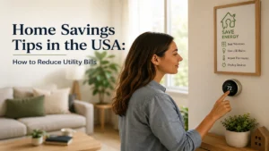 Woman adjusting a smart thermostat in a modern home while following energy-saving practices to reduce utility bills in the USA.