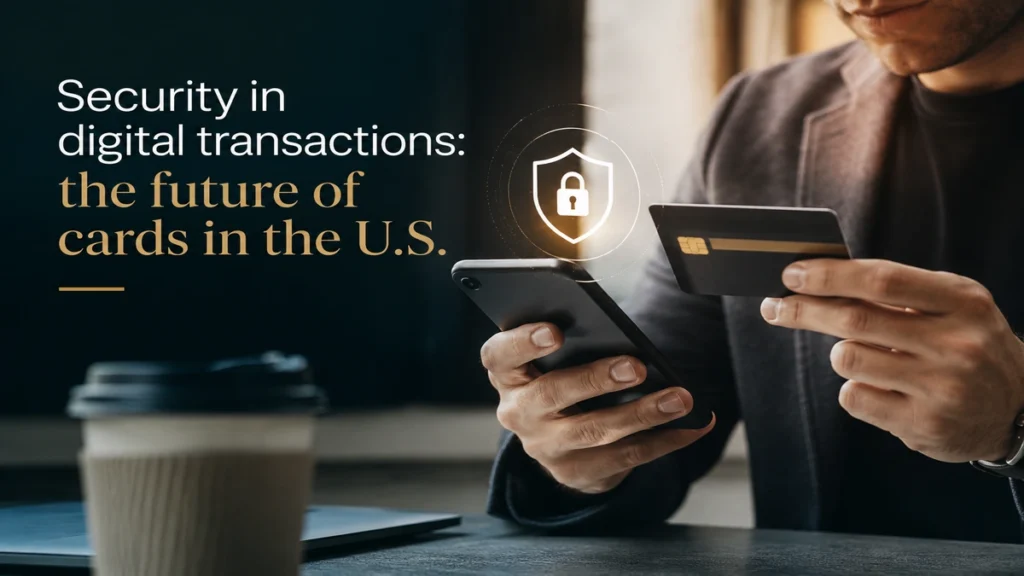 Person using a smartphone and credit card during a secure digital payment transaction, representing the future of card security in the U.S.