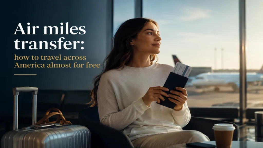 Traveler holding passport and boarding pass at an airport lounge, representing air miles transfer and affordable travel across America.