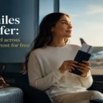 Traveler holding passport and boarding pass at an airport lounge, representing air miles transfer and affordable travel across America.