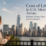 Cost of Living in U.S. Metropolitan Areas: Where Does Your Money Go Furthest? Professional woman overlooking a modern U.S. city skyline at sunset, symbolizing housing affordability, urban living costs, relocation decisions, and personal finance across American metropolitan areas.
