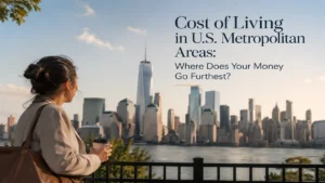 Cost of Living in U.S. Metropolitan Areas: Where Does Your Money Go Furthest? Professional woman overlooking a modern U.S. city skyline at sunset, symbolizing housing affordability, urban living costs, relocation decisions, and personal finance across American metropolitan areas.